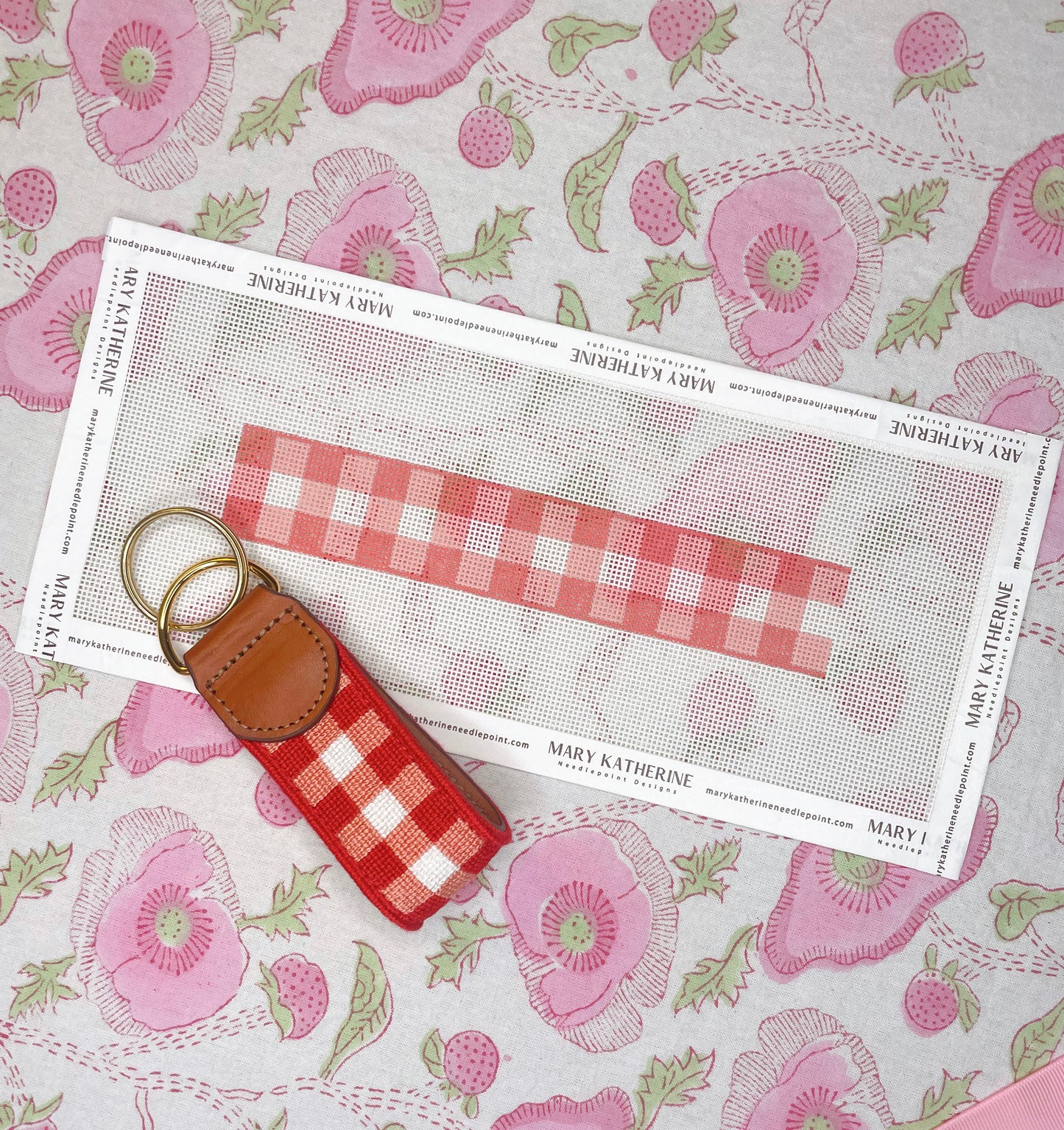 coral gingham key fob